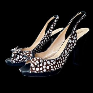 Kate Spade Peep Toe Spotted Fur Heel sz 8 Brown White 4 inch heel